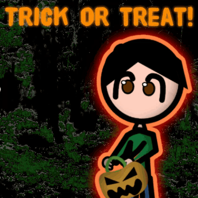 a trick or treat poster with a cartoon character holding a pumpkin