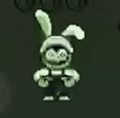 a pixel art of a rabbit wearing overalls and a hat is standing in a dark room .