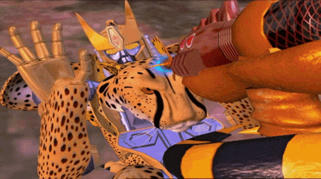 a cheetah is being attacked by a robot with the letters jc on it