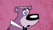 a purple cartoon dog wearing a bow tie and goggles .