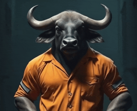 a man with a bull 's head and horns wearing an orange shirt