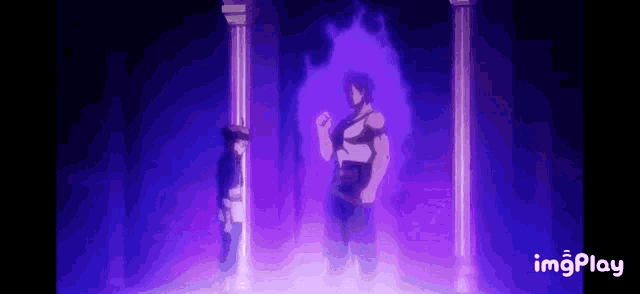 a man and a woman are standing next to each other in a dark room with purple lights .