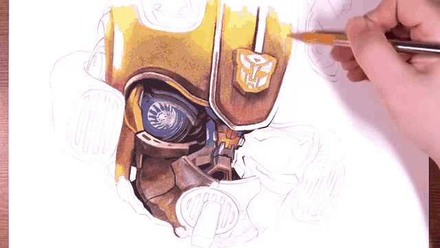 a person is drawing a robot with a transformer logo on it