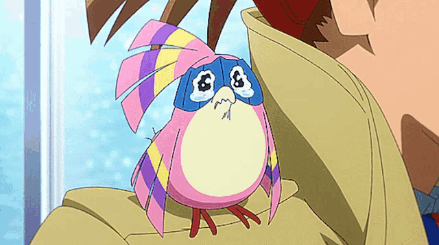 a cartoon of a bird with a mask and tears on its eyes