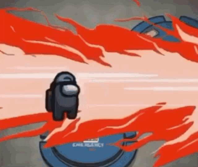 a black among us character is holding a gun in a video game while surrounded by red flames .