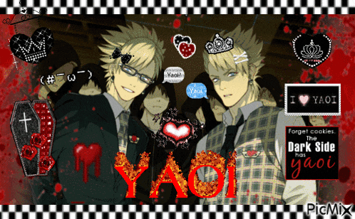 a picture of two anime characters with yaoi written in red