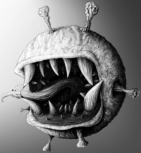 a black and white drawing of a monster with a mouth open