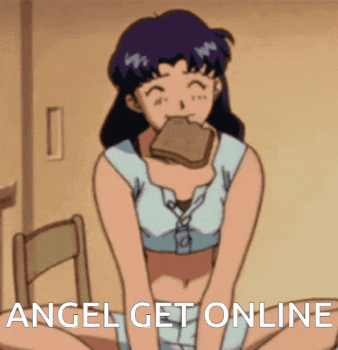 a cartoon girl is eating a piece of bread with the words angel get online below her