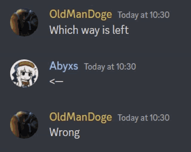 a screenshot of a discord conversation between oldman doge and abyxs