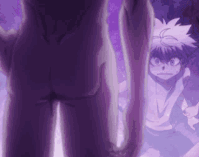 a naked person is standing next to a naked person in a purple room .
