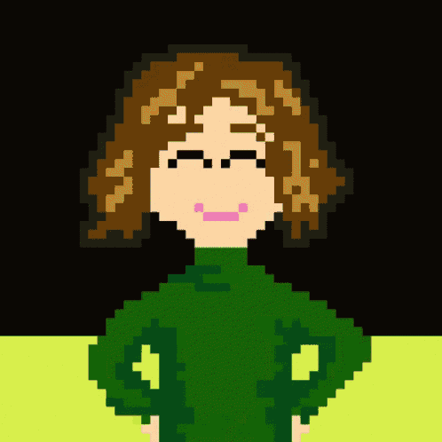 a pixel art drawing of a woman wearing a green turtleneck