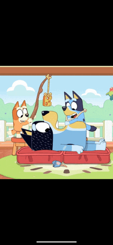 a cartoon of two dogs laying on a bed with a fishing rod .
