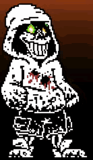 a pixel art of a skeleton with glowing green eyes and a hoodie .