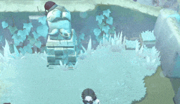 a person in a purple hat is standing in front of a statue in a video game