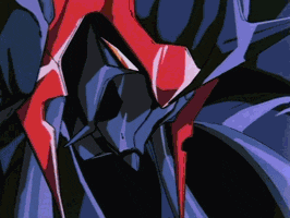 a close up of a cartoon character with red and blue