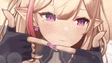 a close up of a anime girl making a peace sign