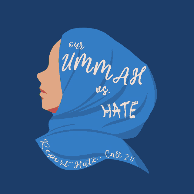 an illustration of a woman wearing a scarf that says our ummah us hate