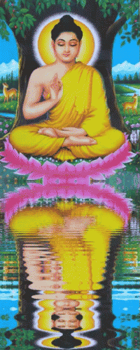 a painting of a buddha sitting on a lotus flower