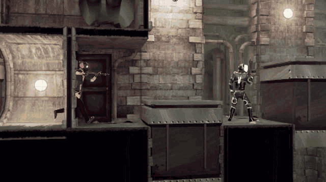 a video game scene with a robot and a person