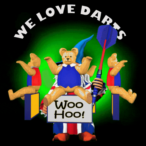 a teddy bear holding a sign that says " woo hoo "