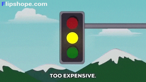 a cartoon of a person pressing the brake pedal of a car and saying `` too expensive '' .