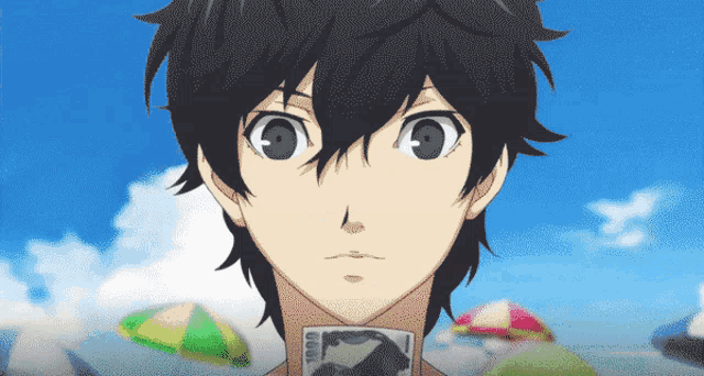 a close up of a person 's face with a blue sky behind them