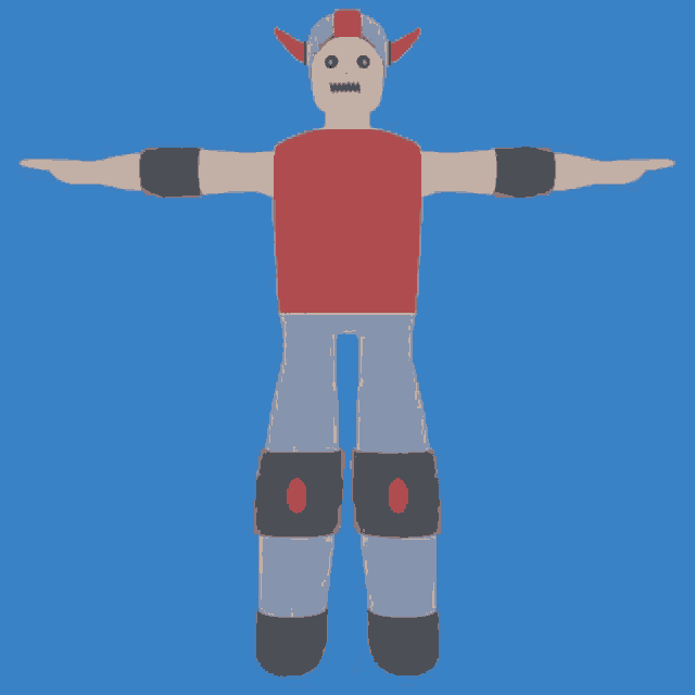 a cartoon character with a red shirt and gray pants is standing with his arms outstretched