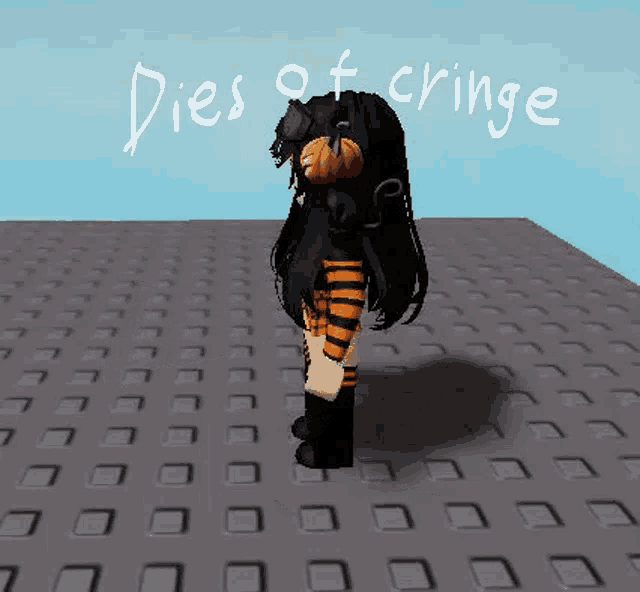 a girl with black hair and a pumpkin in her hair is standing on a gray tile floor .