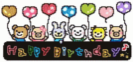 a pixel art happy birthday sign with balloons and animals