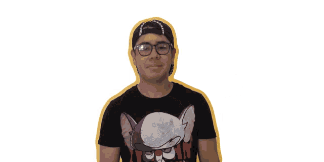 a man wearing glasses and a black shirt with a dog on it