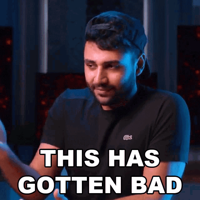 a man wearing a black shirt with a lacoste logo says " this has gotten bad "