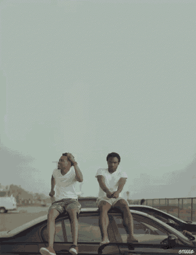 two men are sitting on the roof of a car with the letters steccs on the bottom right