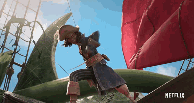 a pirate on a boat with a netflix logo in the background