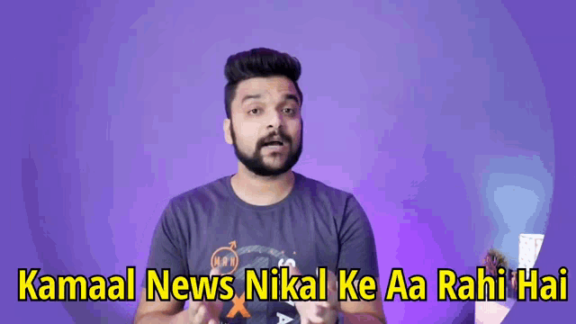 a man says kamaal news nikal ke aa rahi hai on a purple background