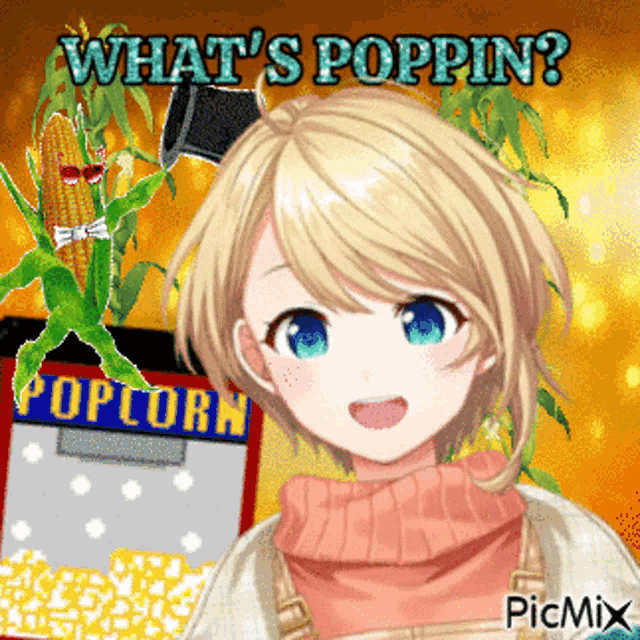 a girl is standing in front of a popcorn machine that says what 's poppin on it