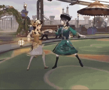 two women are dancing in a video game on a field .