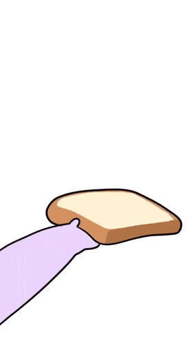 a cartoon bunny is holding a piece of bread over its head
