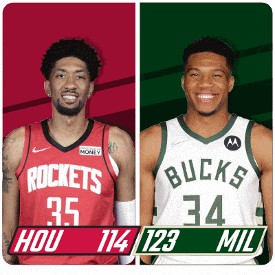 two basketball players from the rockets and bucks are standing next to each other