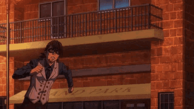a man in a suit is holding a woman in his arms in front of a building in a cartoon .