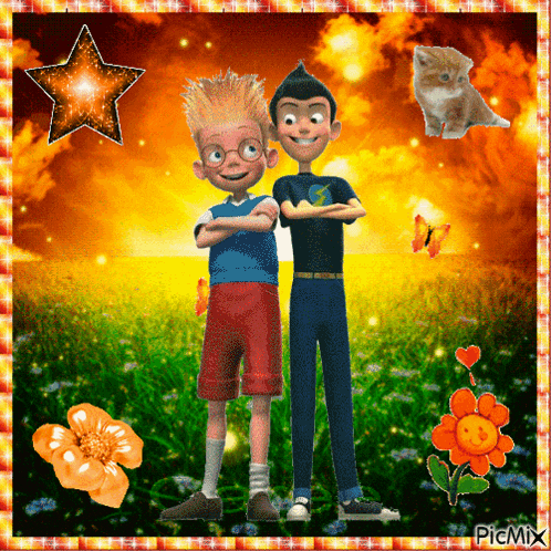 two cartoon boys standing next to each other in a field with flowers and a star in the background