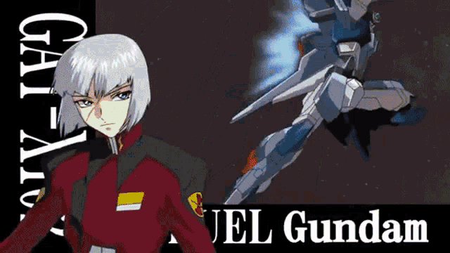 a cartoon character named jel gundam stands next to a robot