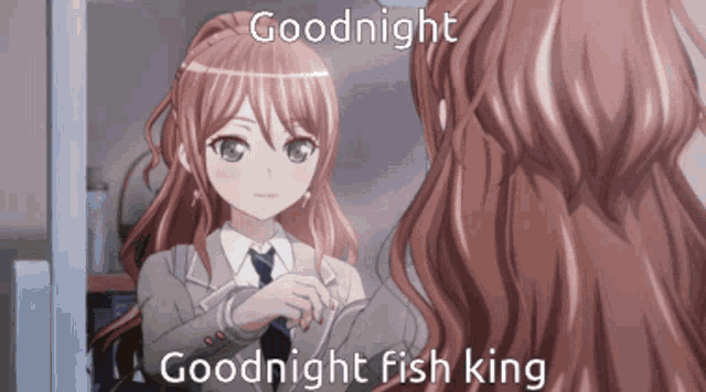 a girl in a suit and tie is looking at herself in the mirror and says " goodnight fish king "