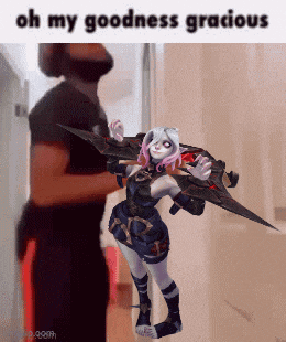 a man is standing next to a girl with wings holding a sword and the words oh my goodness gracious