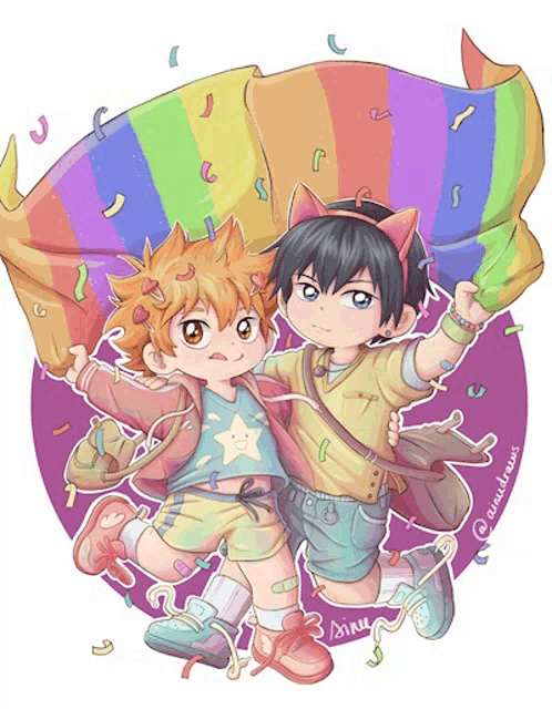 a drawing of two kids holding a rainbow flag with a purple background