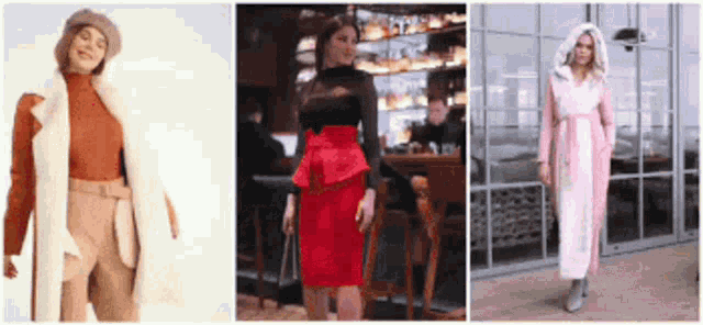 three pictures of a woman wearing different types of clothes