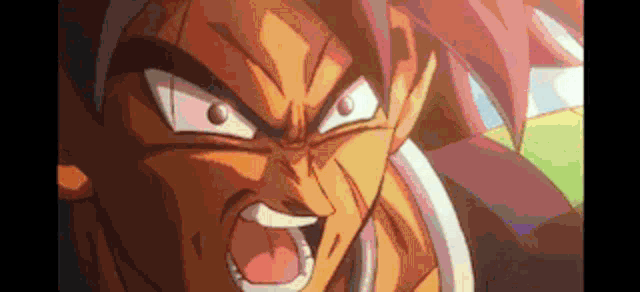 a close up of a dragon ball z character 's face with his mouth open and red hair .