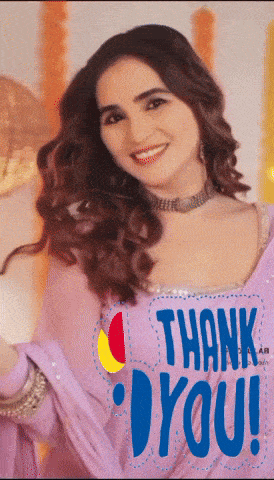 a woman in a purple dress with the words thank you on the bottom