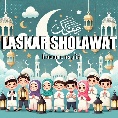 a group of children are standing in front of a mosque with the words laskar sholawat written above them
