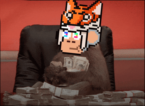 a man in a suit sits at a table with stacks of money and a pixelated monkey with a tiger head