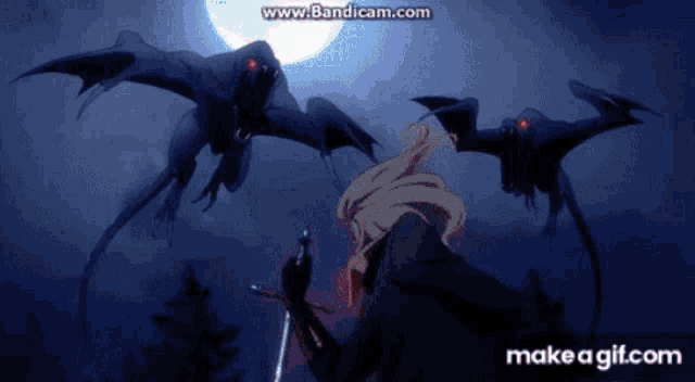 a man with a sword is standing in front of a group of monsters flying around him .
